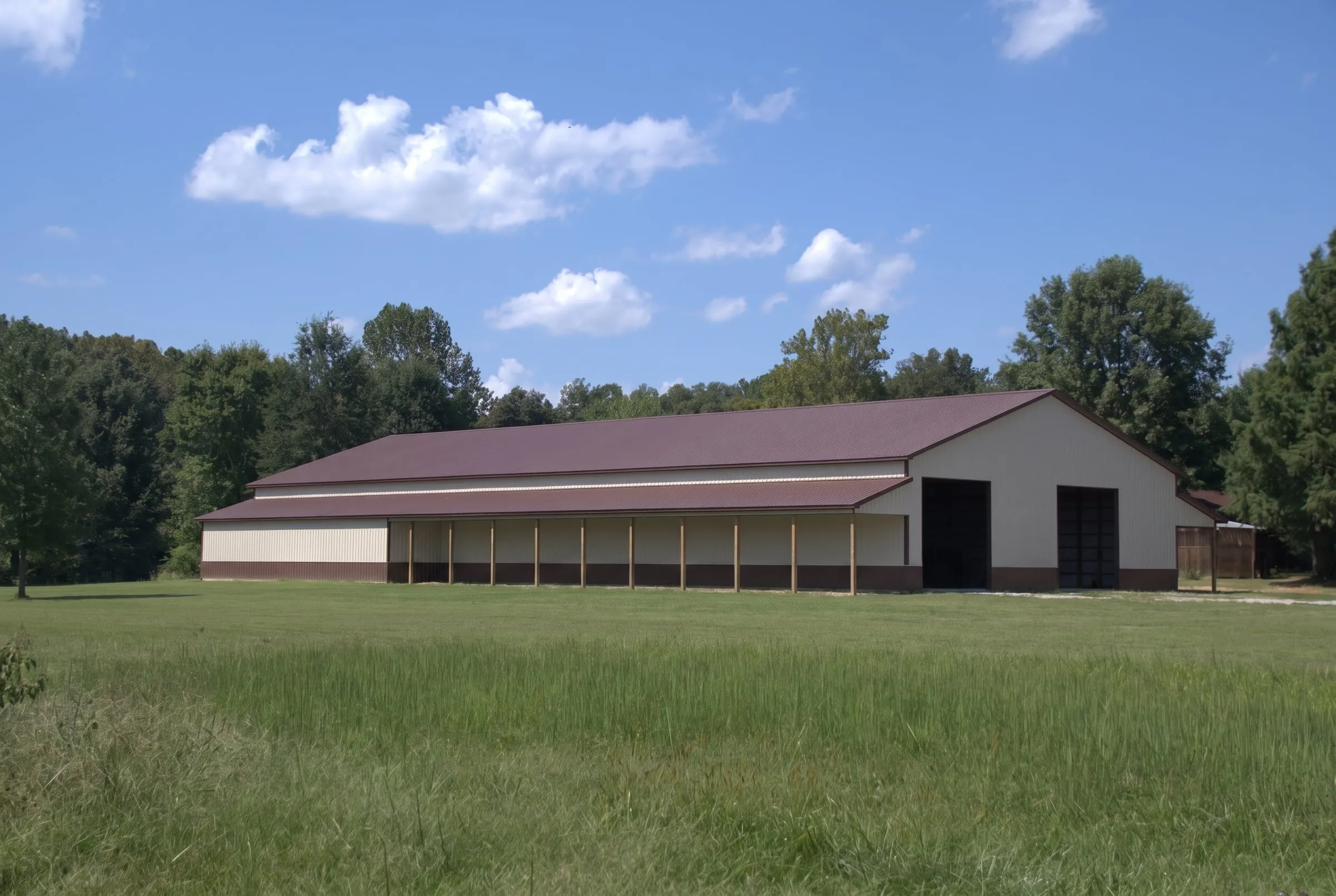 Long tan building with a maroon roof, open bays down one side and a gable-end door, seen across a field