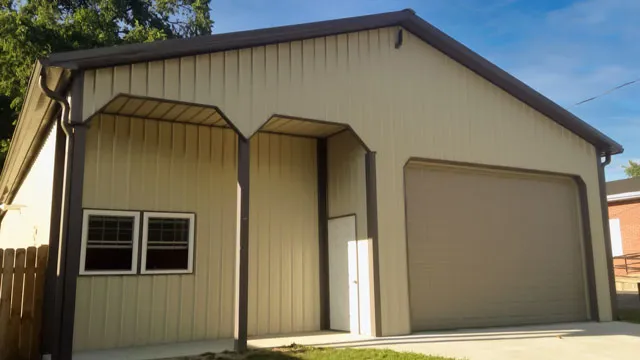 Cream building with an inset porch recessed under the main roof beside the overhead door