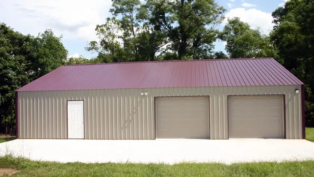Cream building with a red roof and three overhead doors