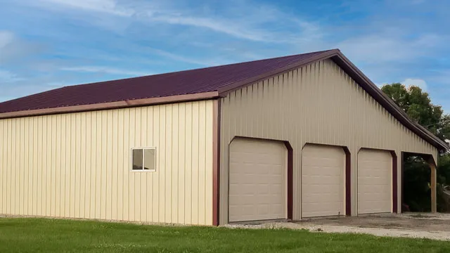 Cream building with a maroon roof and three overhead doors