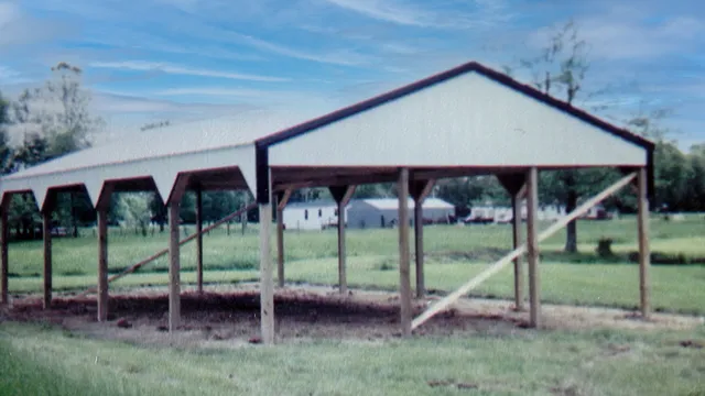 Open shelter frame on timber posts before the roof steel goes on
