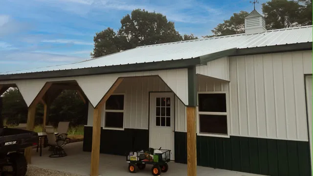 Cream building with green wainscot and a timber-post porch
