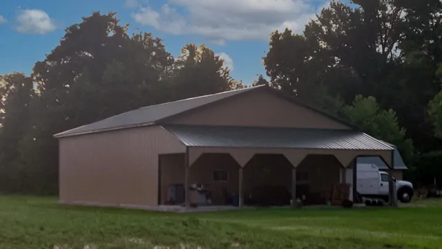 Brown building with a wrap-around porch and a pickup parked under it