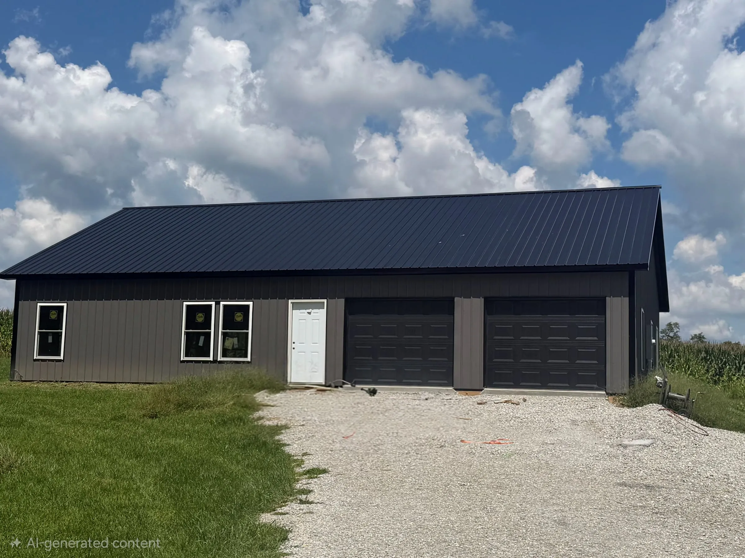 Tan and charcoal shop with a black roof, two black overhead doors, walk door and windows on a concrete apron