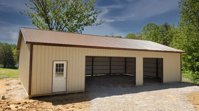 Cream shop with a brown roof, open equipment bays and a white walk door on a fresh gravel pad