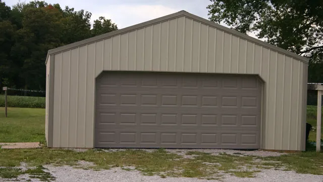 Cream gable end with a single wide brown overhead door