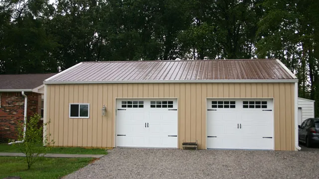 Tan garage beside a brick house with two white overhead doors and a brown roof