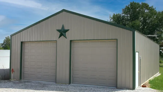 Tan shop with green trim, two overhead doors and a green star on the gable