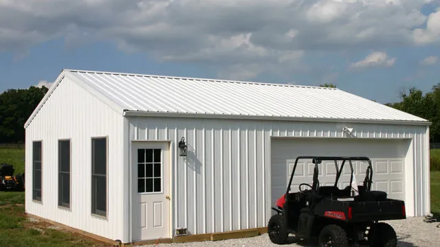 White shop with a row of windows, a walk door and an overhead door, side-by-side parked outside