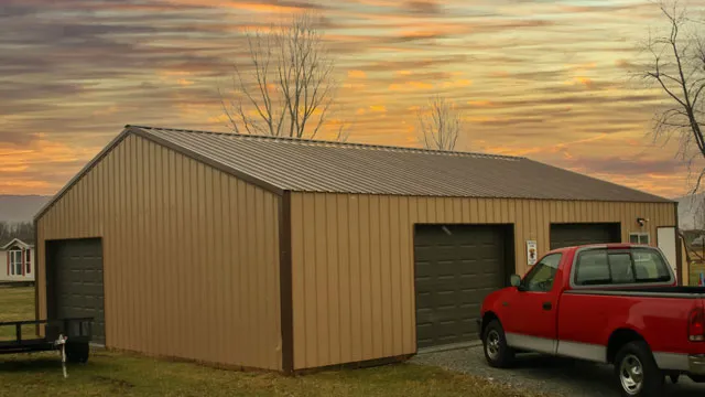 Tan shop with a brown roof and two brown overhead doors at dusk, red pickup outside