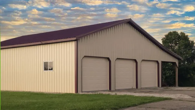 Tan shop with a maroon roof, three overhead doors and an open lean-to at the end