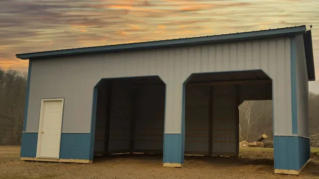 Gray building with teal trim and wainscot, two open bays and a walk door