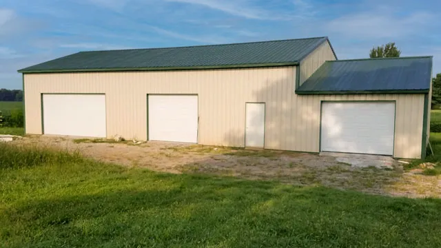 Cream building with a green roof, three overhead doors and an attached wing